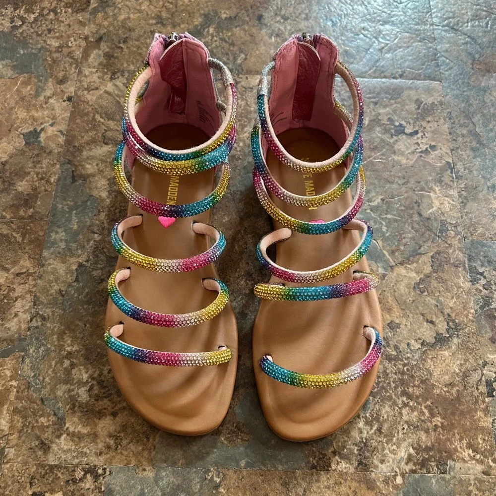 Steve Madden Sandals Girls Size 2 Rainbow Sparkly Open Toe Shoes Tassel